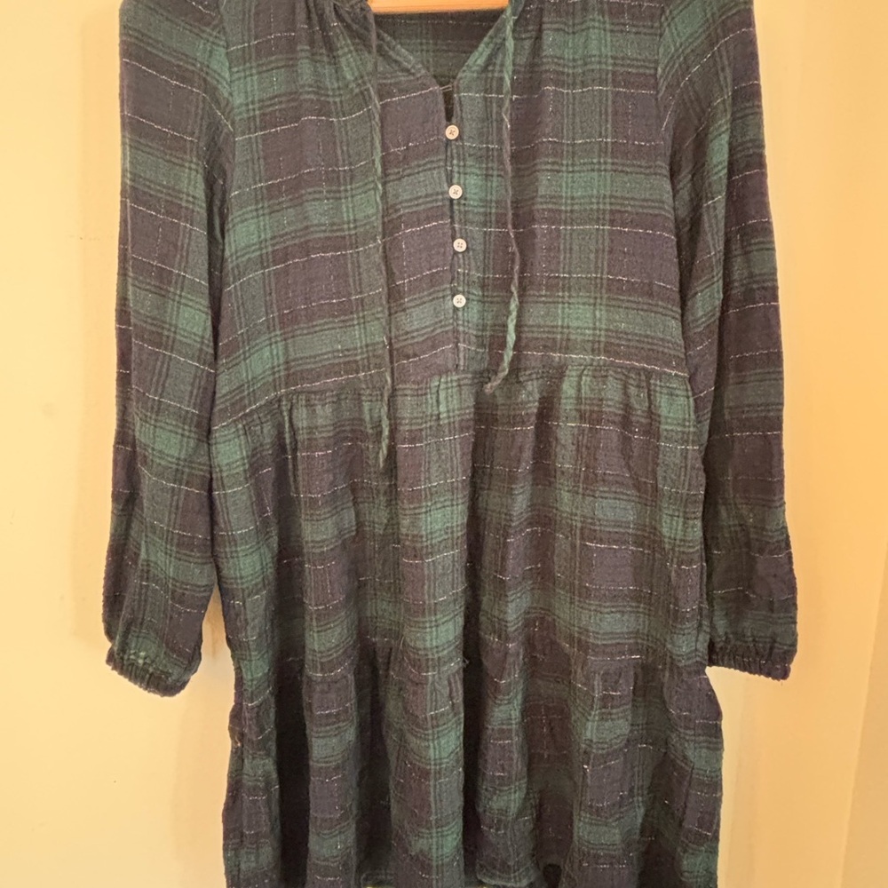 LOFT Dark Green and Black Checkered Dress